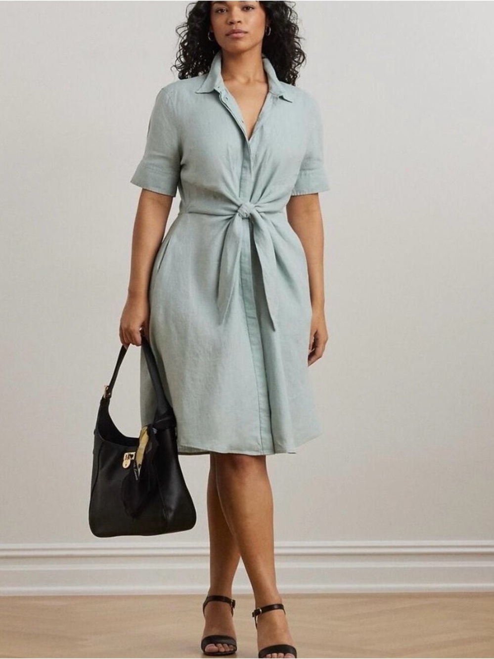 NWT Lauren Ralph Lauren Sage Tie-Waist Shirt Dress Linen 10 Classic